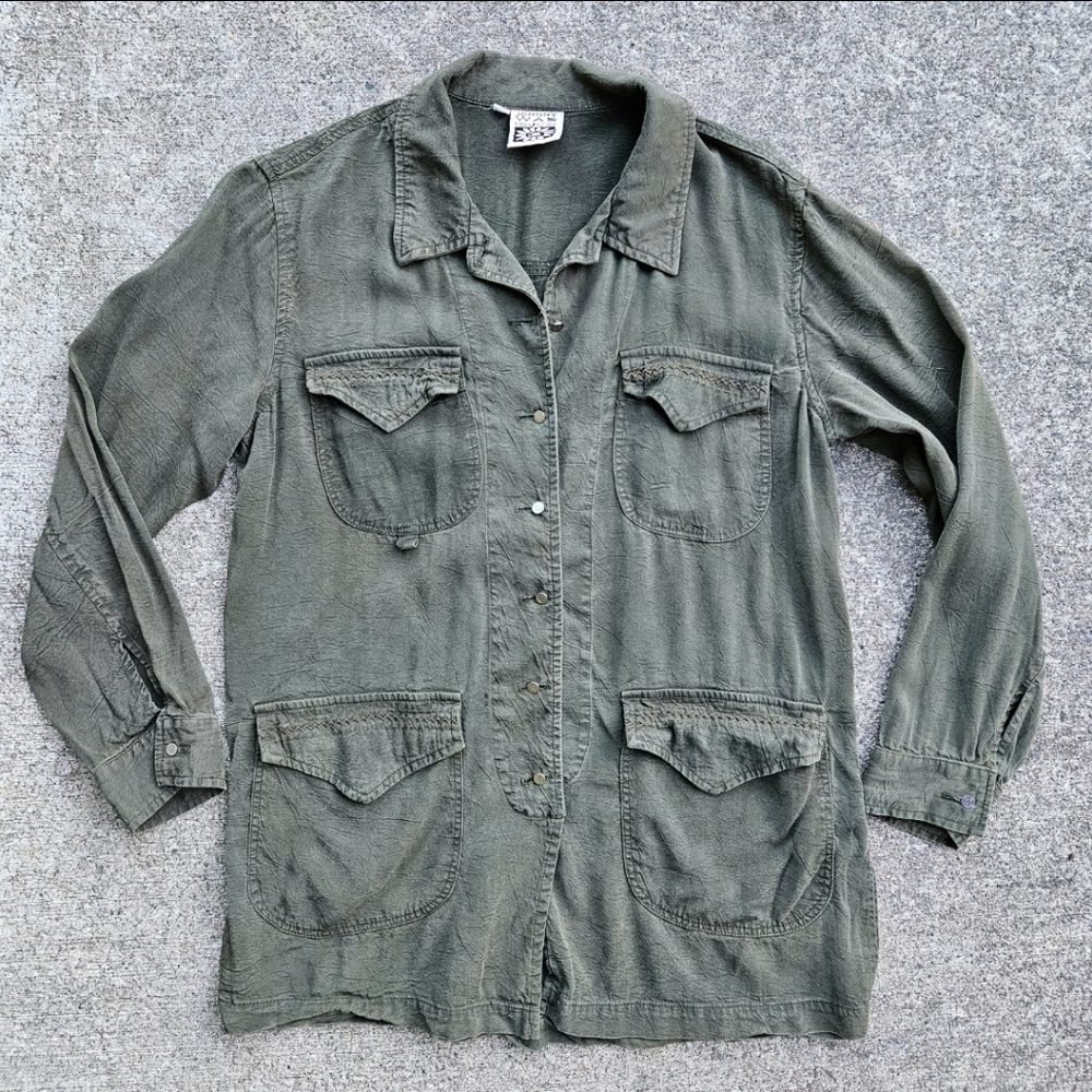 Johnny Was Military Jacket Button Down Shirt Dark Olive Green Women's Small